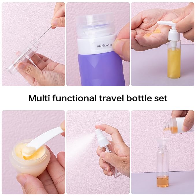 20 Pack Travel Bottles Set,Leak Proof TSA Approved Travel Size Containers, Silicone Squeezable Travel Essentials Jar Accessories for Conditioner, Shampoo, Lotion & Body Wash Accessories (Warm Color)