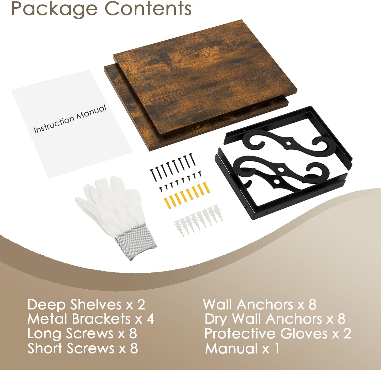 DINZI LVJ Deep Floating Shelves, 16" W x 12" D Wall Shelves Set of 2, Wide Display Shelf Wall Mounted with Brackets, Easy-to-Install Wall Bookshelf for Living Room, Bathroom, Bedroom, Rustic Brown