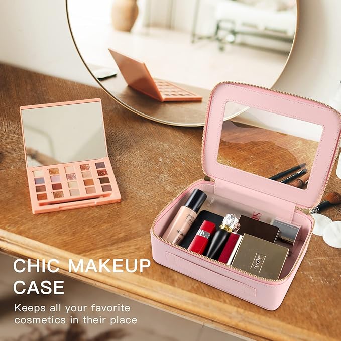 Aveniee Clear Makeup Bag Organizer, Portable Travel Toiletry Cosmetic Bag Case for Women, Heavy Duty Vegan Leather Make Up Pouch with Transparent Vinyl Windows & Gold Zippers(Pink)