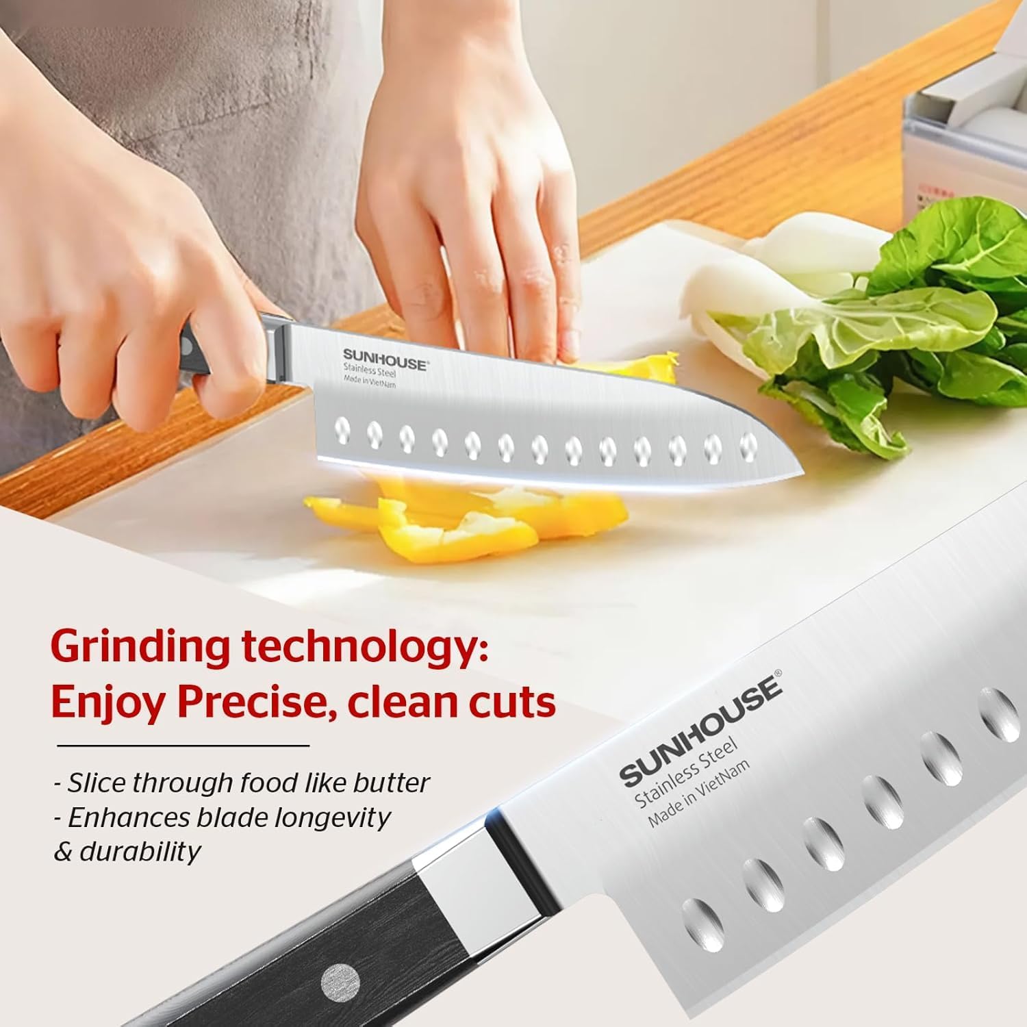 Sunhouse Santoku Knife 7 inch,AUS-8 Stainless Steel – Superior 59HRC Hardness, Full Tang, Ergonomic Handle, Perfect Gifts for Mom or Dad,Premium Gifts