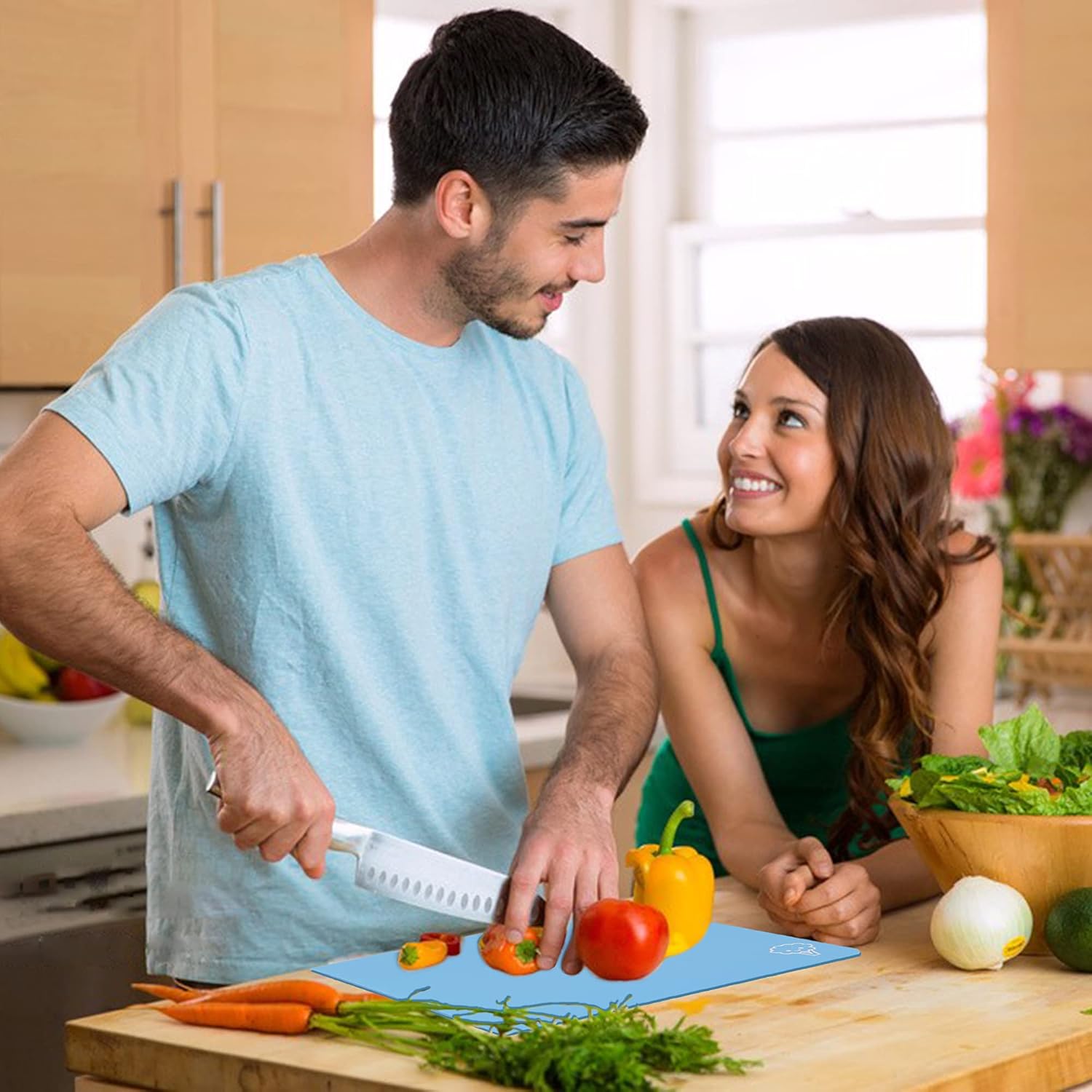 ZVP Plastic Cutting Boards for Kitchen, Flexible Cutting Mats, Gradient Blue Chopping Boards with Food Icon, Non-Slip, Non Porous, BPA Free, Dishwasher Safe