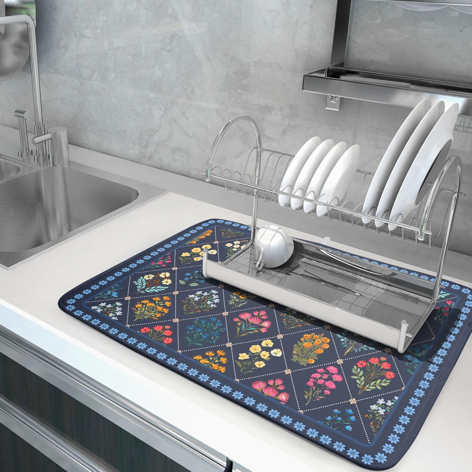 Lapis Blue Dish Drying Mat for Kitchen Counter Flowers Microfiber Absorbent Dish Draining Reusable Washable Large