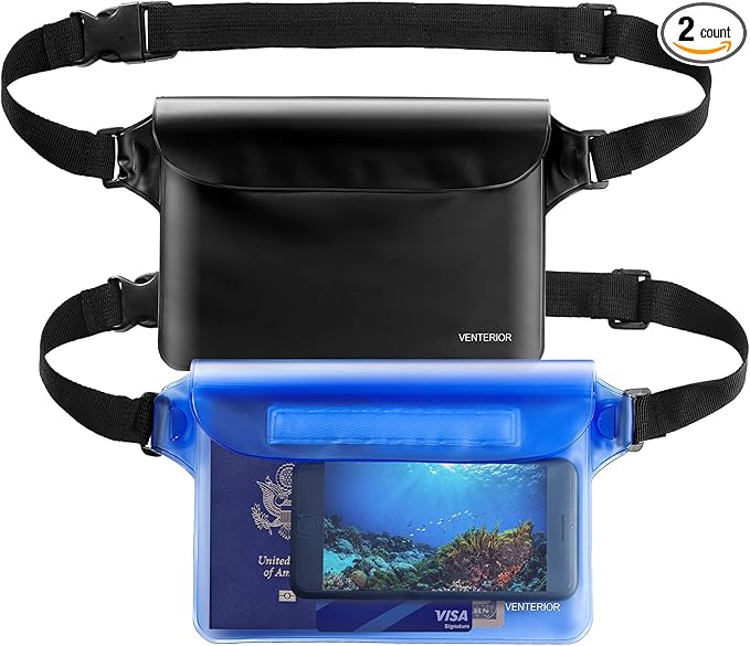 Waterproof Waist Pouch 2-Pack | Beach Accessories Fanny Pack for Swimming Snorkeling Sailing Kayaking Beach Pool Water Parks | Keep Your Phone Wallet Safe and Dry (White & Black)