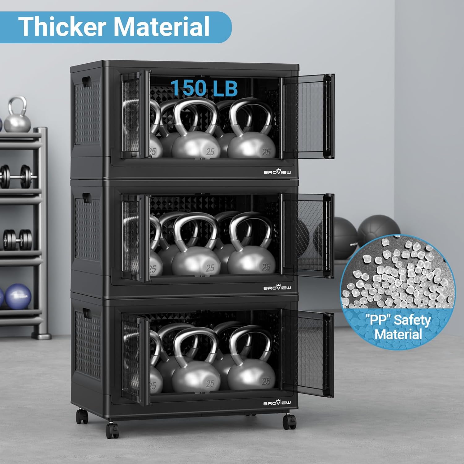 300Qt Stackable Storage Bins with Lids, 75Gal Closet Organizers and Storage Drawer, Plastic Collapsible Storage Bins with Doors, Heavy Duty Store Box Cabinet for Home Office, 3Pack Black