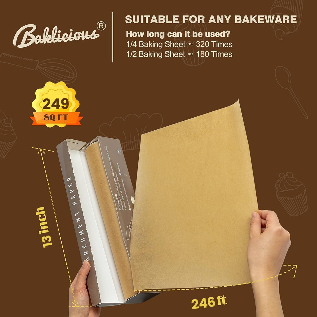Unbleached Parchment Paper Roll for Baking, 13 in x 242 Ft, 249 Sq.Ft, Baklicious Non-stick Baking Parchment Paper for Baking, Cookies, Bread, Oven, Air Fryer, Steamer, Baking paper