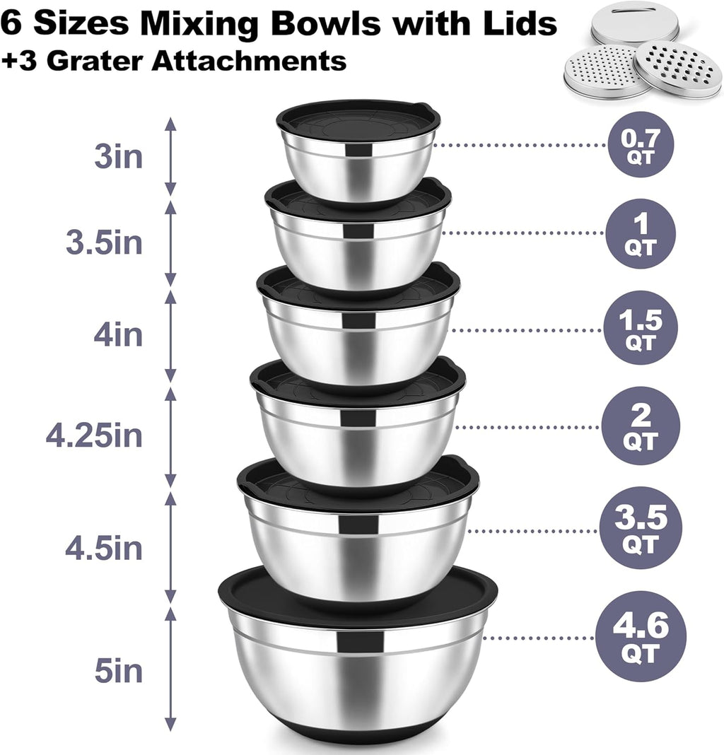 TeamFar Mixing Bowls, Stainless Steel Nesting Salad Bowl with Lids & 3 Graters, For Kitchen Cooking Serving Prepping, Airtight & Non-Slip, Size 4.6/3.5/2/1.5/1/0.7 QT, Set of 5 & Black