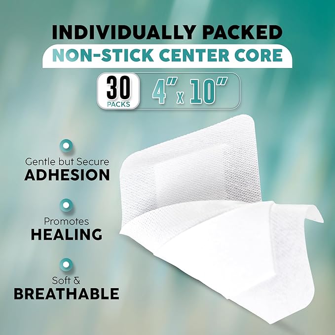 Elleirb Water-Resistant Island Dressing 4x10, Large Non-Stick Pads w/Adhesive Border Bandages for Wounds | 30 Individually Packed Wound Care & Dressings, Highly Absorbent, Latex-Free First-Aid Kits
