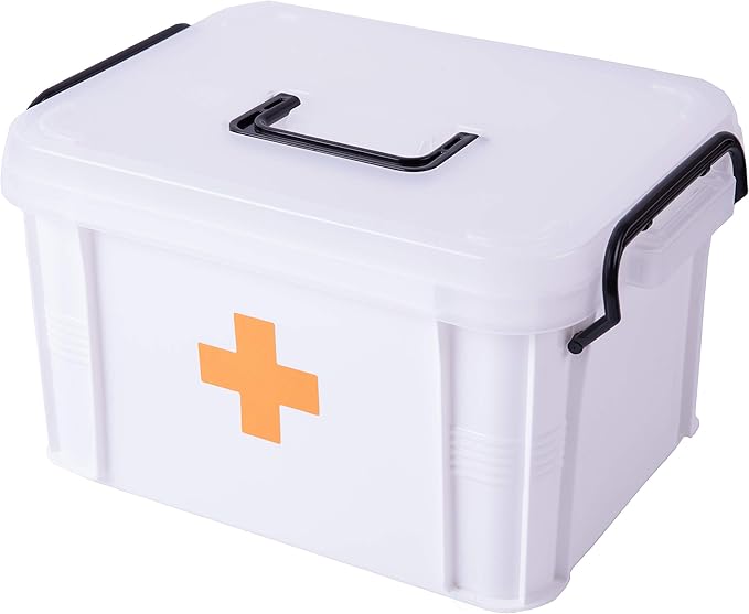 White Large Empty Medical Box for Home Emergency Supplies, Travel, Car, and Dorms – Compact First Aid Box with Handle, Detachable Tray and Locking Lid – Medical Organizer and First Aid Kit Storage