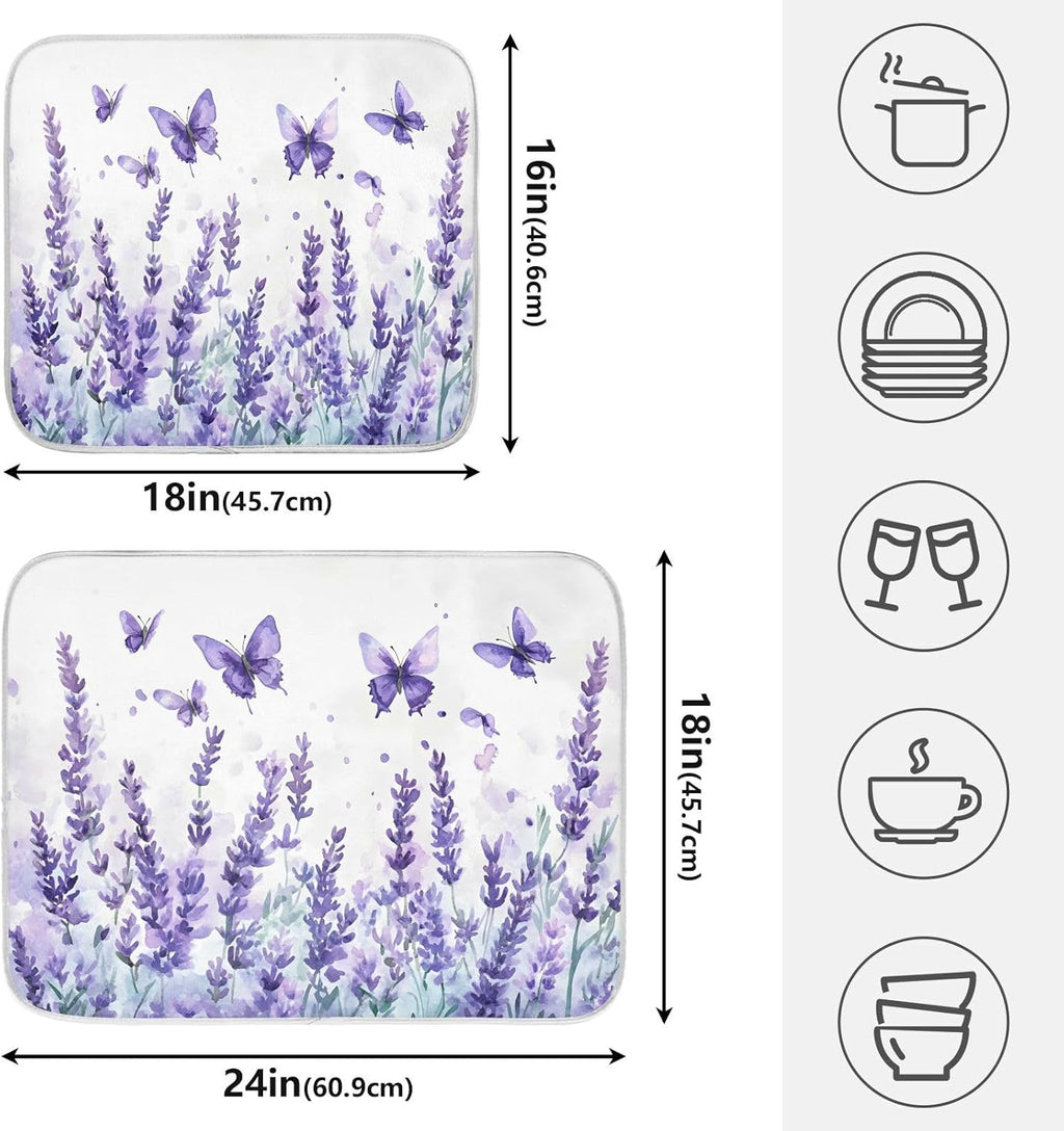 Purple Lavender Spring Summer Flower Floral Dish Drying Mat for Kitchen Counter Absorbent Microfiber Large Drying Pad Dish mats for Kitchen Countertops 18 x 24 Inch