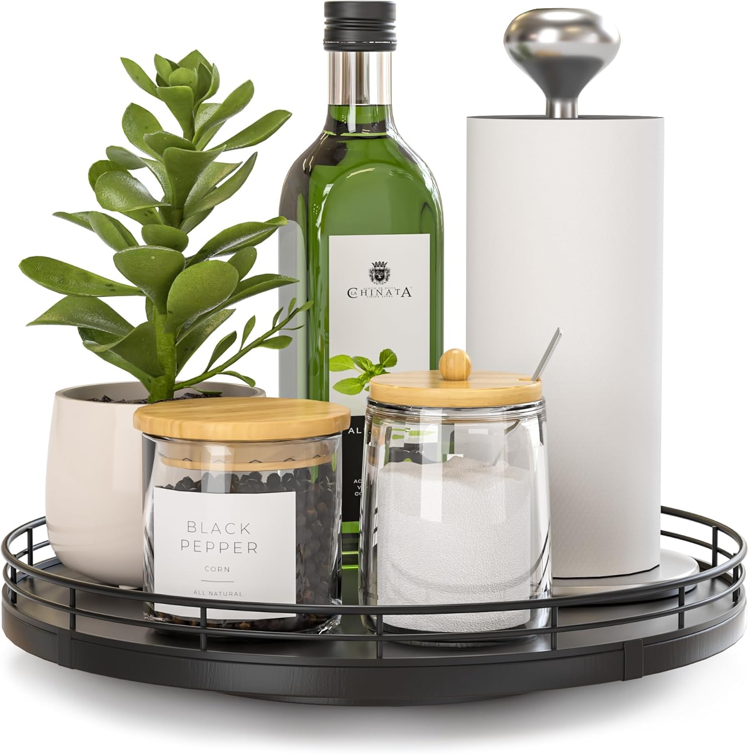 10" Oak Wood Lazy Susan Turntable Organizer, Lazy Susan for Cabinet Dining Table Pantry Kitchen Countertop Spice Bathroom Vanity Tray for Counter Dresser Sink Soap Holder Coffee Table Bar Decor Black