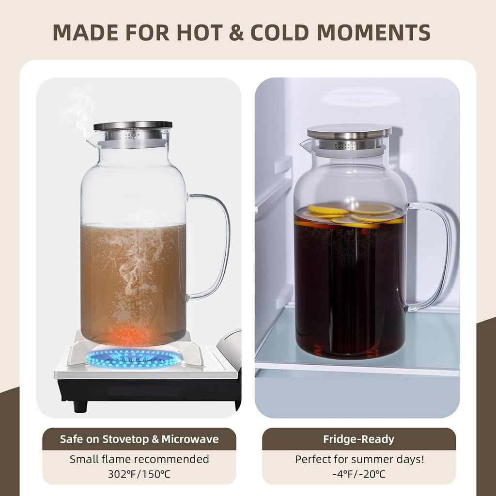 Glass Water Pitcher with Lid and Spout, 1 Gallon Heat Resistant Borosilicate Glass Carafe, Temperature Safe
