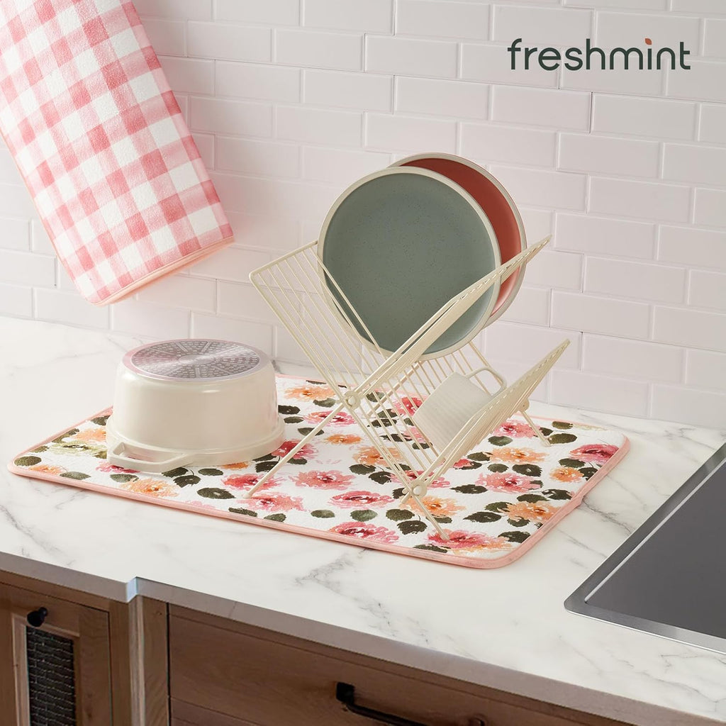 FRESHMINT Printed Dish Drying Mats for Kitchen Counter 2 Pack Absorbent Reversible Drying Mats Microfiber Kitchen Countertop Protector Dishes Drying Pad Extra Large 18"x24" Dish Mat
