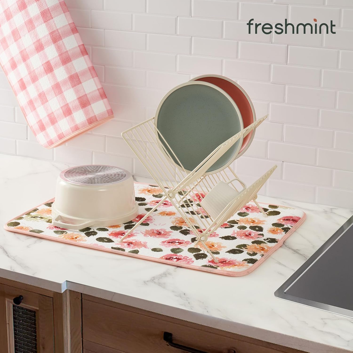 FRESHMINT Printed Dish Drying Mats for Kitchen Counter 2 Pack Absorbent Reversible Drying Mats Microfiber Kitchen Countertop Protector Dishes Drying Pad Extra Large 18"x24" Dish Mat