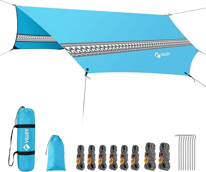 VILLEY Waterproof Hammock Tent Rain Fly, Octagonal Camping Tarp, Sun Shelter for Camping, Backpacking, Hiking, Accessory Includes Stakes, Ropes and Carry Bag (Blue)