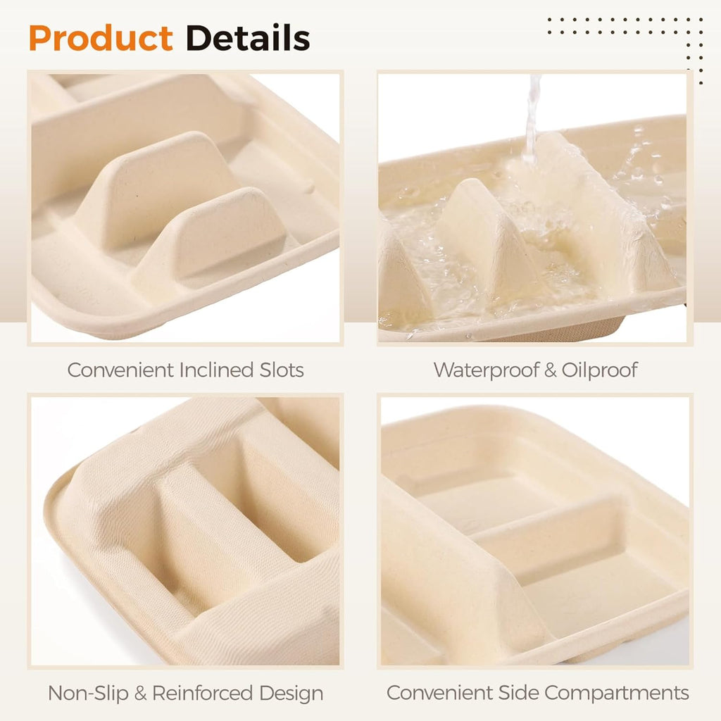 100 PCS Taco Plates Disposable, Bagasse Pulp 2-Slot Taco holder with Side Compartments, Safe Plant Fiber Tray for Taco Tuesday, Party, Sandwich, Hot Dog, Sauce & Snack Serving (With Compartments)