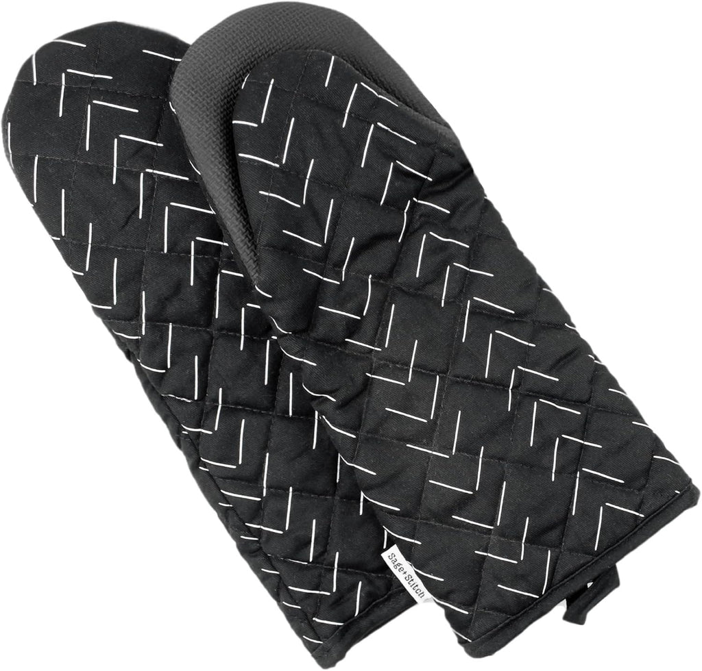 Heat Resistant Designer Kitchen Oven Mitts with Neoprene Non-Slip Grips and Hanging Loops | Set of 2 100% Cotton Long Sleeve Kitchen Oven Mitts | 5.5" x 12" | Black