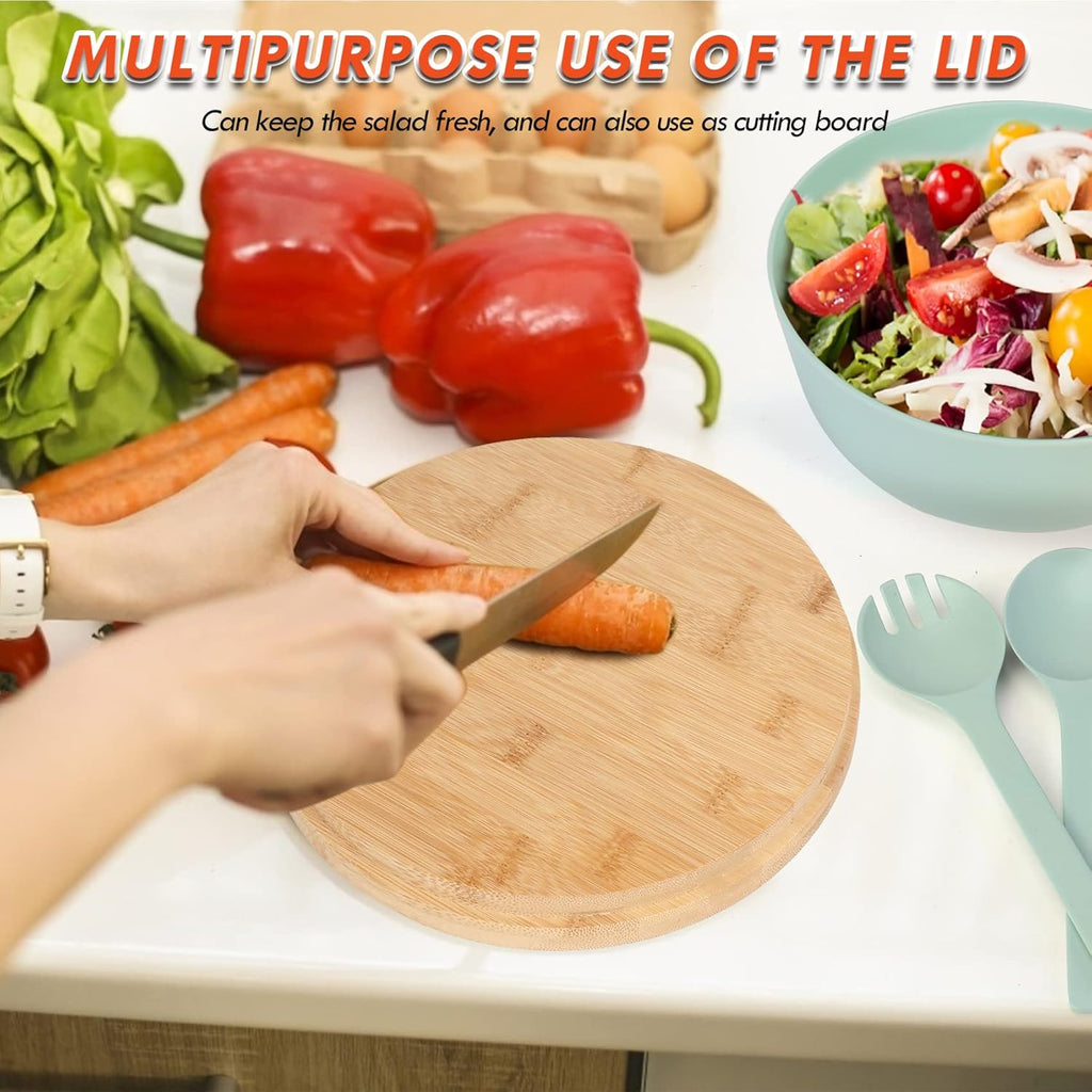 ShineMe Large Salad Bowl with Lid, Salad Serving Bowl Set with Utensils, 9.8inches Mixing Bowl with Servers, Solid Bamboo Wooden Bowl for Salad, Fruits, Vegetables and Pasta(elegant green)