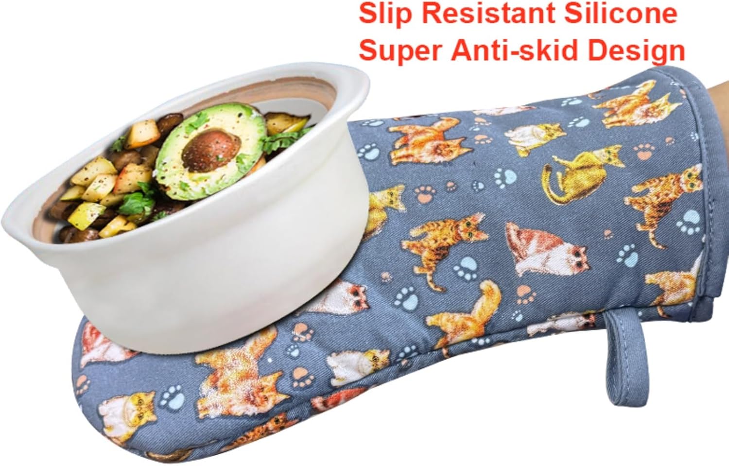 Oven Mitts Gloves 1 Pair Heat Resistant 480 ℉ Non Slip Clear Silicone Printed Cat Comfortable Cotton Lining Kitchen Men Cooking Barbecue Machine Washable (Cat, Blue Mitts)