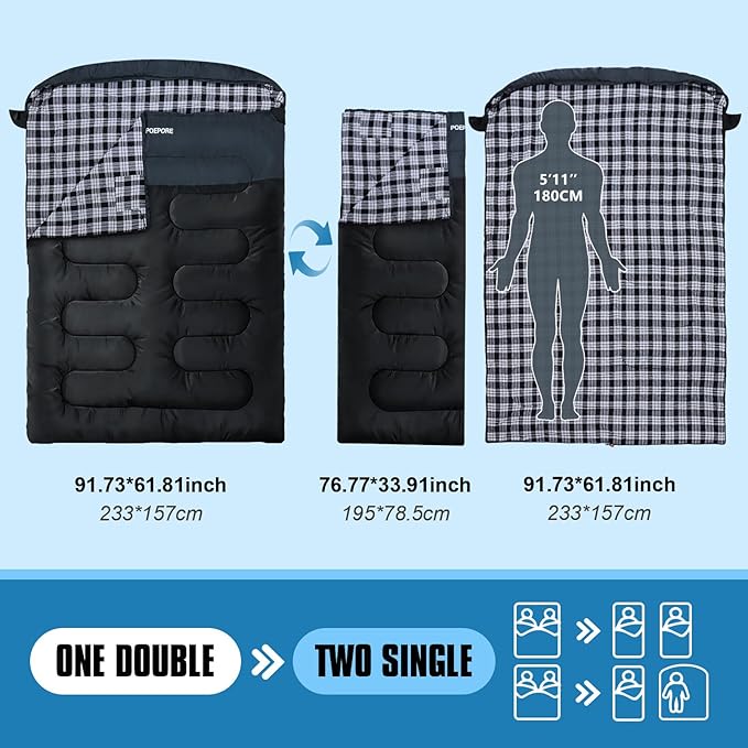 Double Sleeping Bag Flannel for Adults with 2 Pillows 2 Person Sleeping Bags Camping XXL Queen Size Two Person Sleeping Bag for Cold Weather