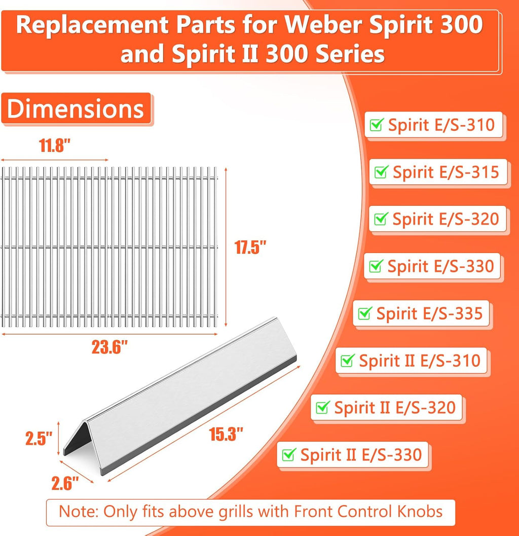Spirit Grill Replacement Parts for Weber Spirit, 17.5" Grill Grates 15.3" Flavorizer Bars for Weber Spirit 300 & GS4 Spirit II 300, Spirit E-310 E-315 Grills with Front Control, for Weber 7639 7636