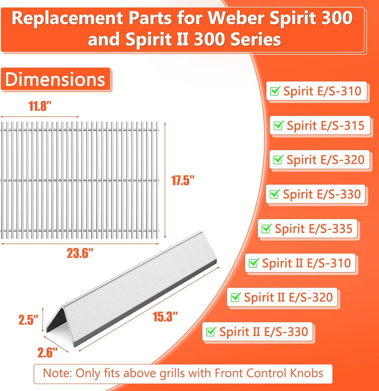 Spirit Grill Replacement Parts for Weber Spirit, 17.5" Grill Grates 15.3" Flavorizer Bars for Weber Spirit 300 & GS4 Spirit II 300, Spirit E-310 E-315 Grills with Front Control, for Weber 7639 7636