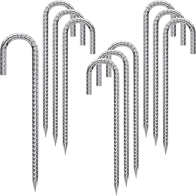 Rebar Stakes 12 Inch 10 Pack Tent Stakes Heavy Duty Metal J Hook, Fence Stakes for Trampoline, Fence, Camping Tent (10, 12")