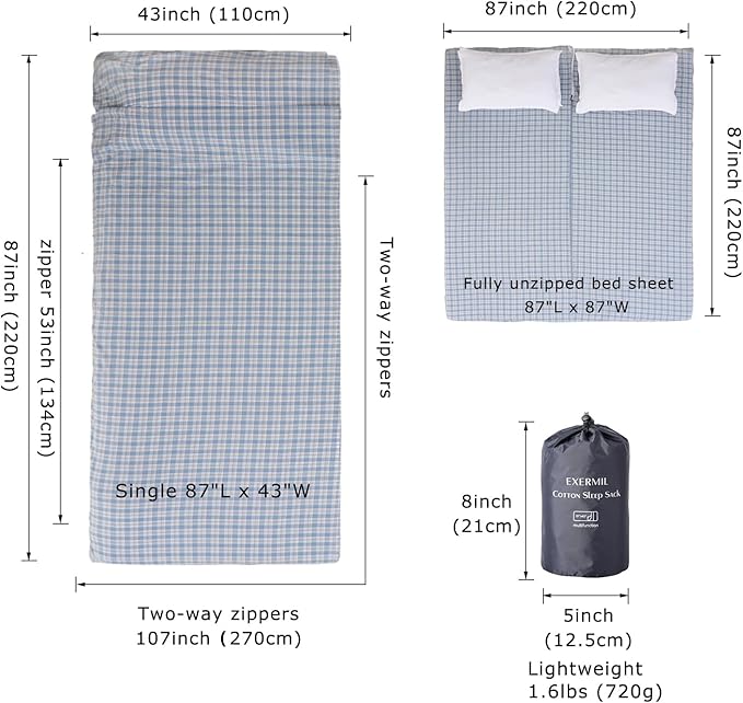 100% Cotton Sleeping Bag Liner with Full Length Zipper on 3 Sides; Single/Double Adult Sleep Sack for Travel & Camping, Multifunctional Travel Sheets (Unzipped 87”x87”) for Hotel, Lightweight