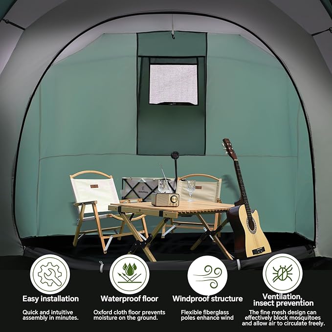 2 Room Family Camping Tent with Porch, Weatherproof Camping Shelter with Rainfly, 2-4 Person Easy Set Up Dome Tent for Outdoor, Picnic, Hiking