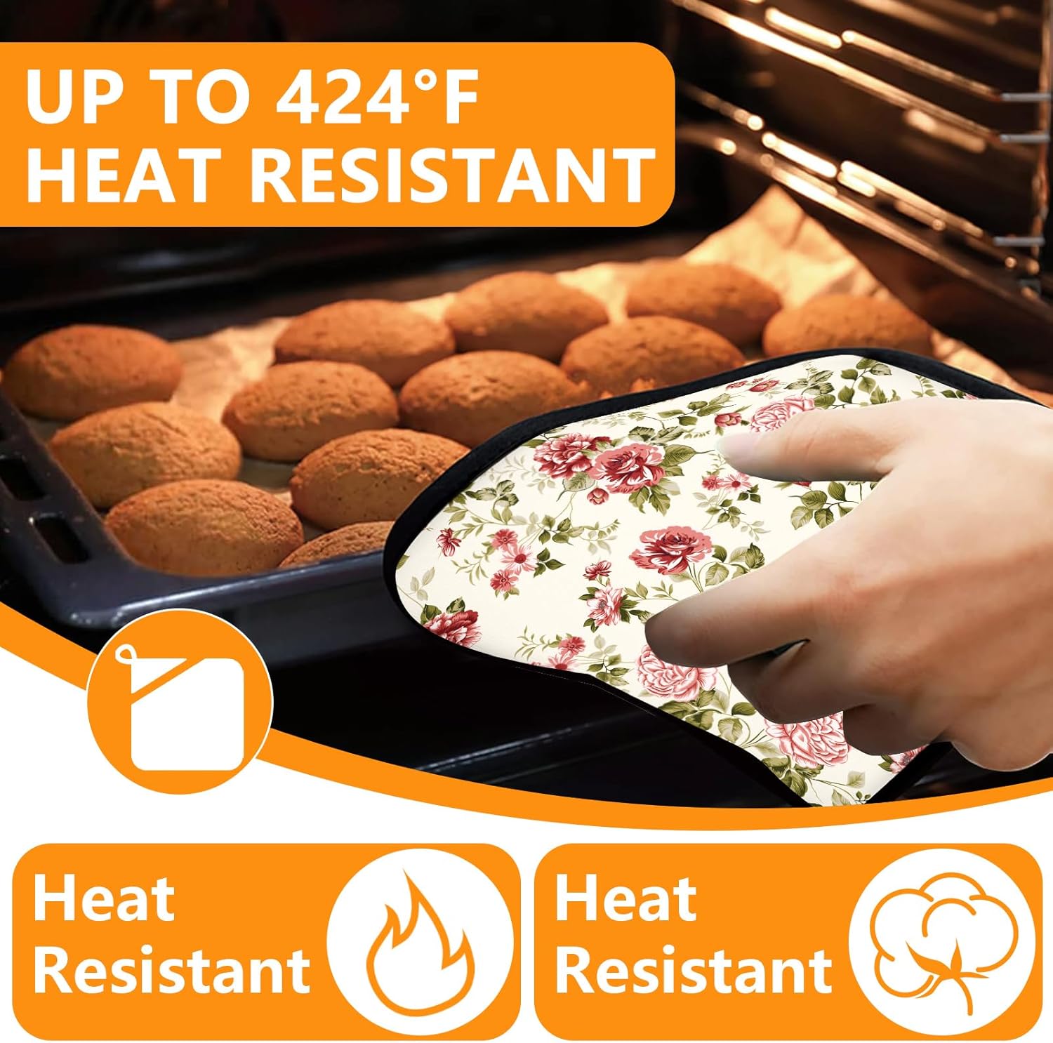 Red Rose Oven Mitts and Pot Holders Sets 4Pcs,Extra Long Oven Gloves Potholder for Kitchen Cooking Baking BBQ 100% Cotton Heat Resistant