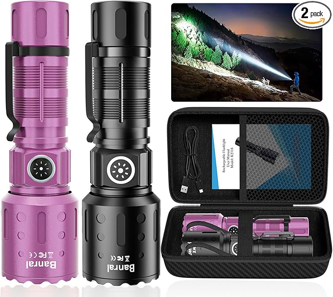 Flashlights High Lumens Rechargeable, 20000 Lumens Super Bright 1500 Meters Long Range Small Powerful Flashlight, 6 Modes LED Tactical Pocket Waterproof Flash Light for Camping (2, Black/Purple)