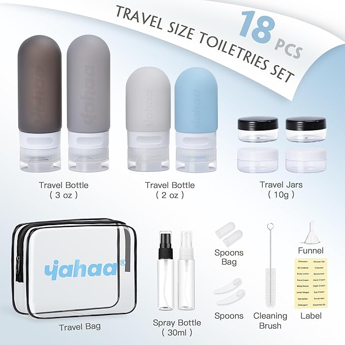 18 Pcs Travel Size Toiletries Set,Leak Proof Squeezable Silicone Travel Bottles for Shampoo and Conditioner,TSA Approved Travel Essentials Accessories,Black Pack