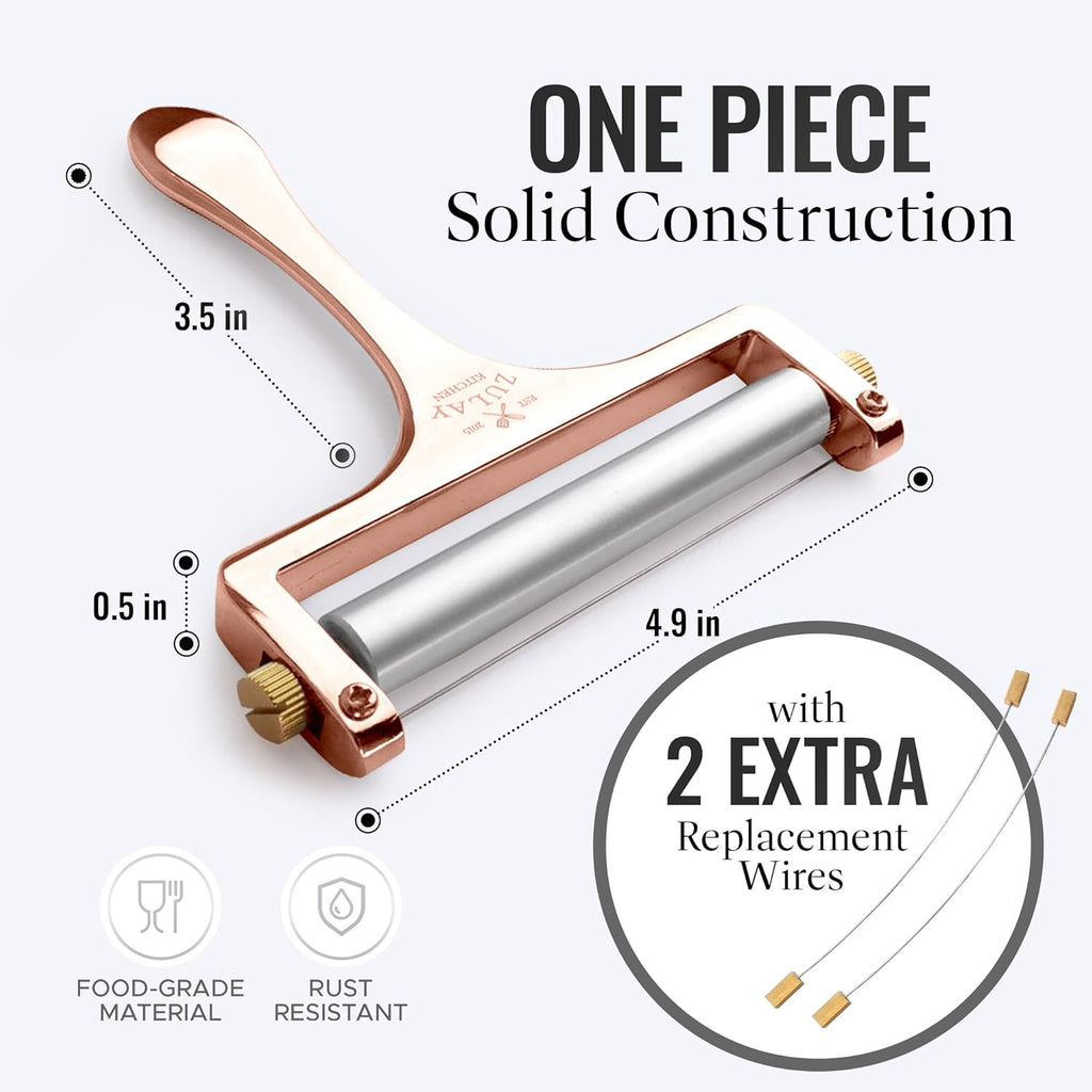 Zulay Adjustable Cheese Slicer - Wire Slicer for Mozzarella, Cheddar, Gouda - Heavy Duty With 2 Extra Wires (Rose Gold)