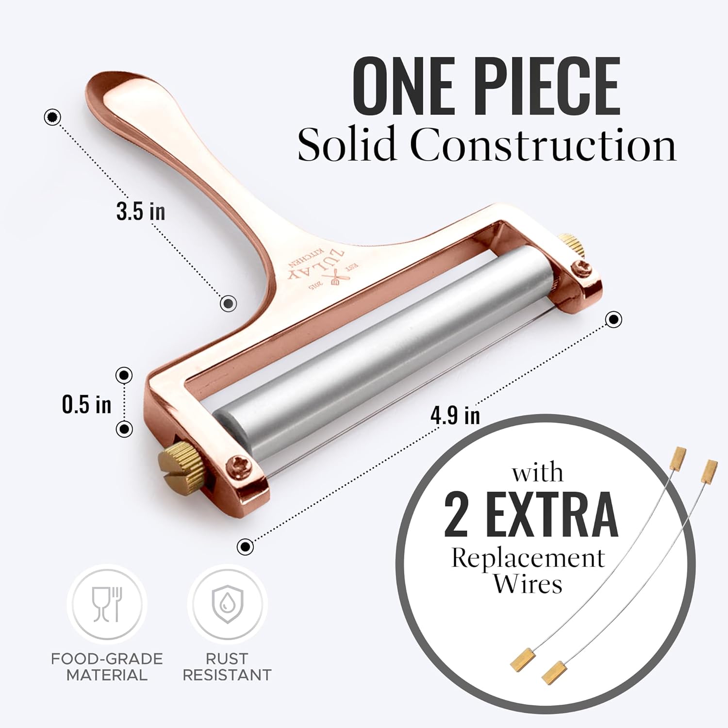 Zulay Adjustable Cheese Slicer - Wire Slicer for Mozzarella, Cheddar, Gouda - Heavy Duty With 2 Extra Wires (Rose Gold)