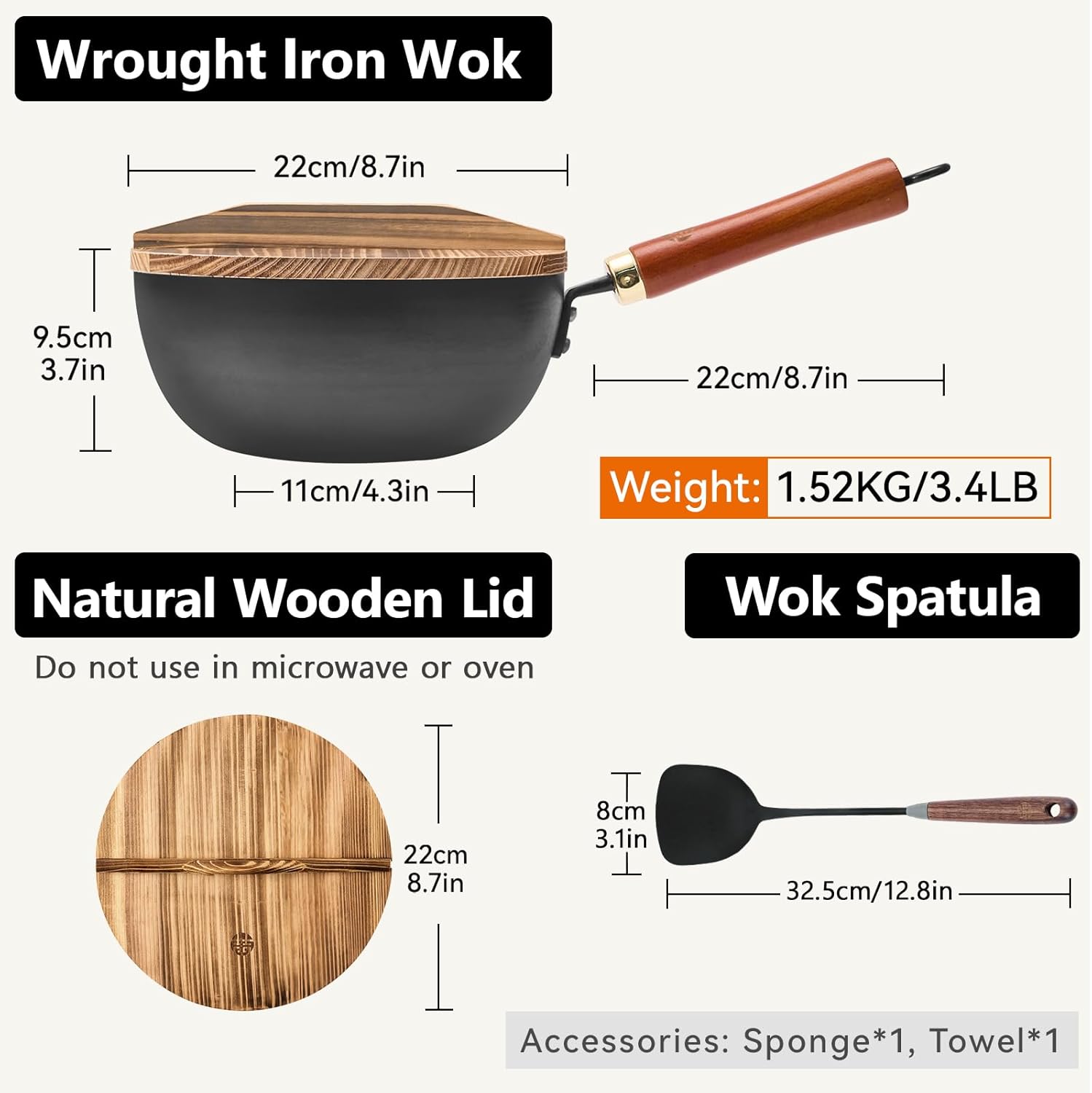 WANGYUANJI Iron Wok 8.7 Inch Deep Frying Skillet with Wooden Lid – Versatile Flat Bottom Stir-Fry Pan, Chemical-Free & Induction Compatible, Ideal Wrought Iron Small Wok for Home, Chef & Pro Use