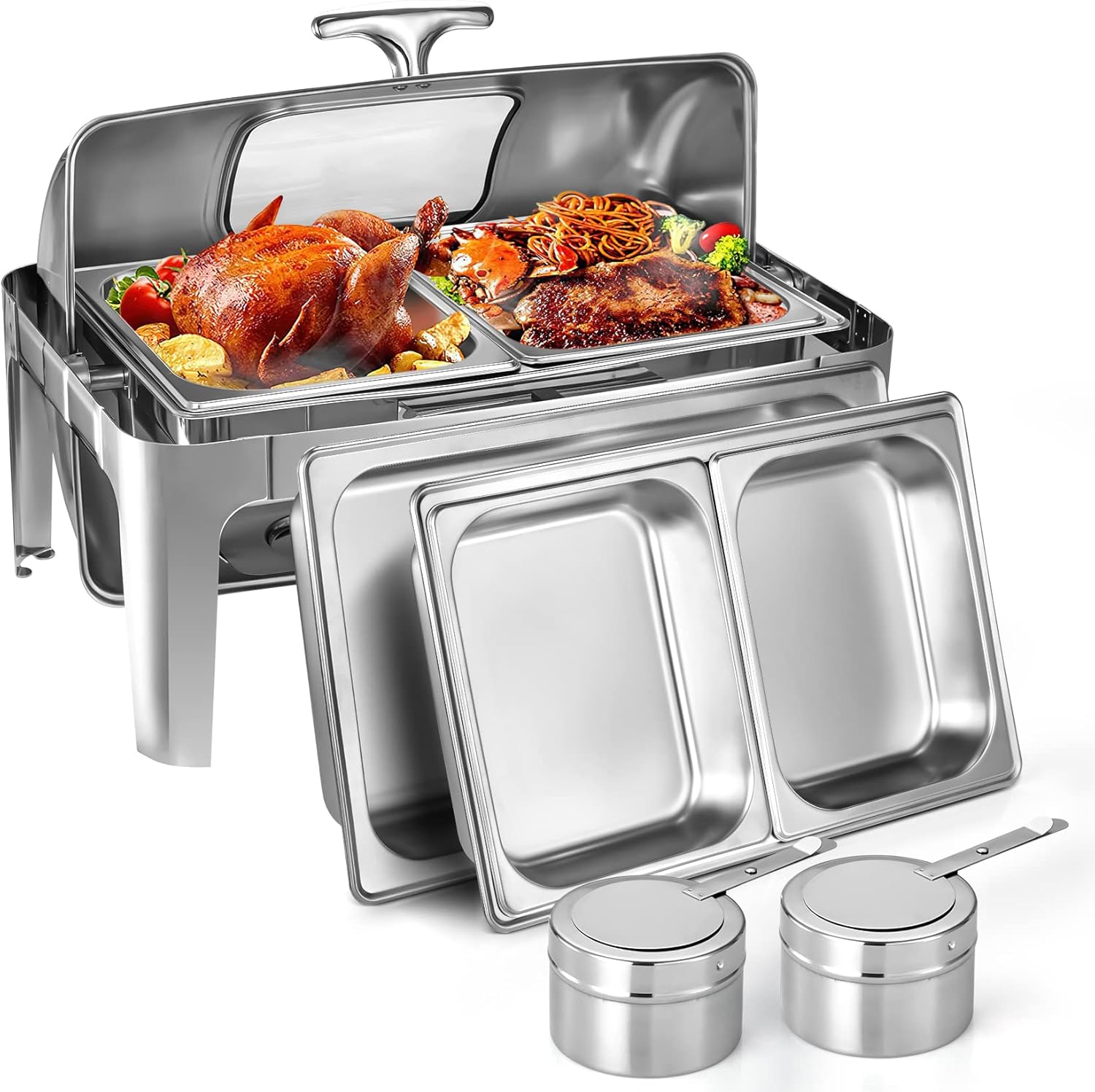 Chafing Dish Buffet Set, 9 QT Stainless Steel Roll Top Chafing Server Set, Food Warmers for Parties