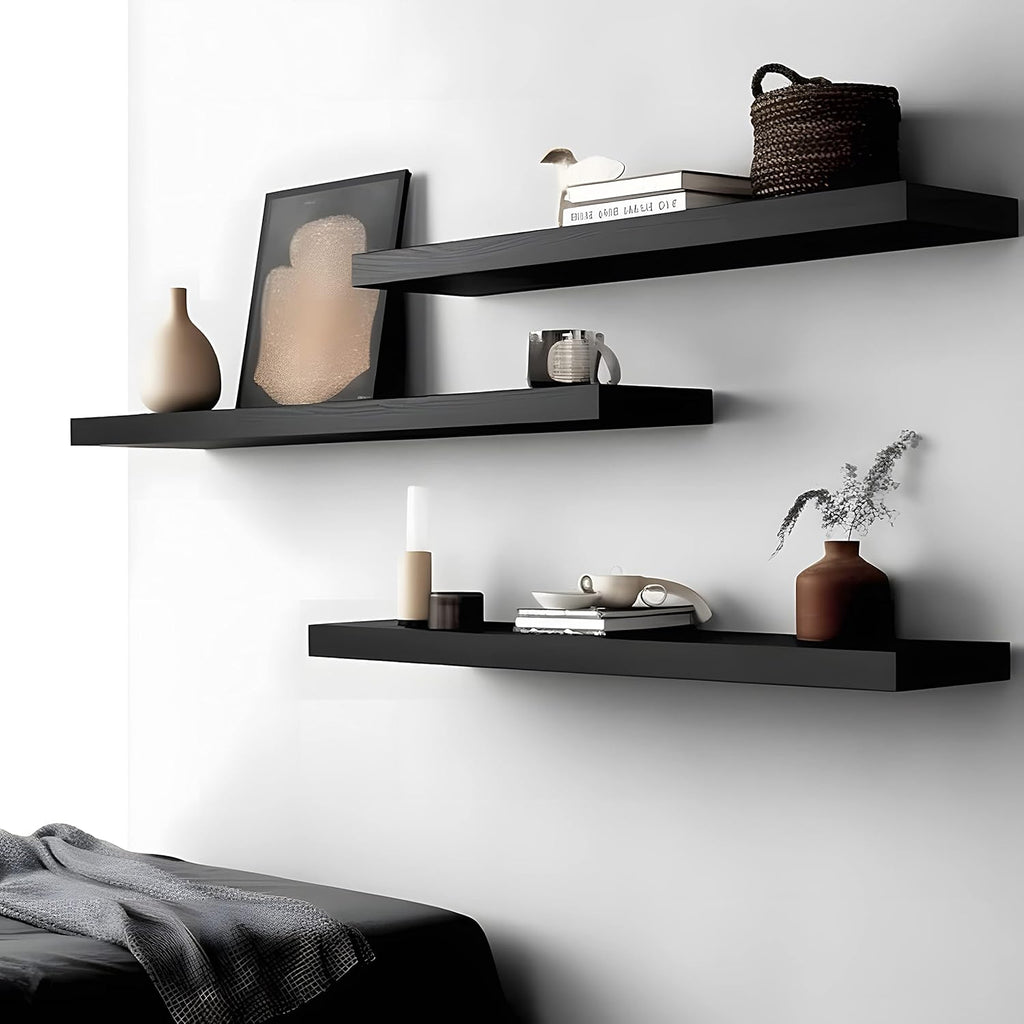 Wood Floating Shelves for Wall, Wooden Wall Shelves for Bedroom, Wall Mounted Shelves for Living Room, Set of 4 Black 24 Inch