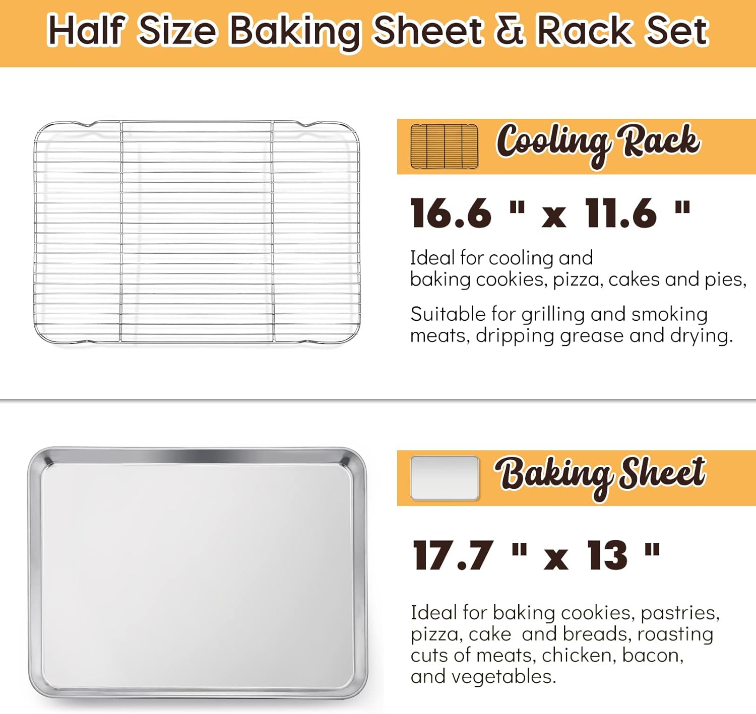 E-far Cookie Sheet with Rack Set, Half Sheet Baking Pan for Oven Cooking, 18”x13” Stainless Steel Rimmed Tray with Wire Cooling Rack for Roasting Broiling Bacon Meat Steak - Dishwasher Safe