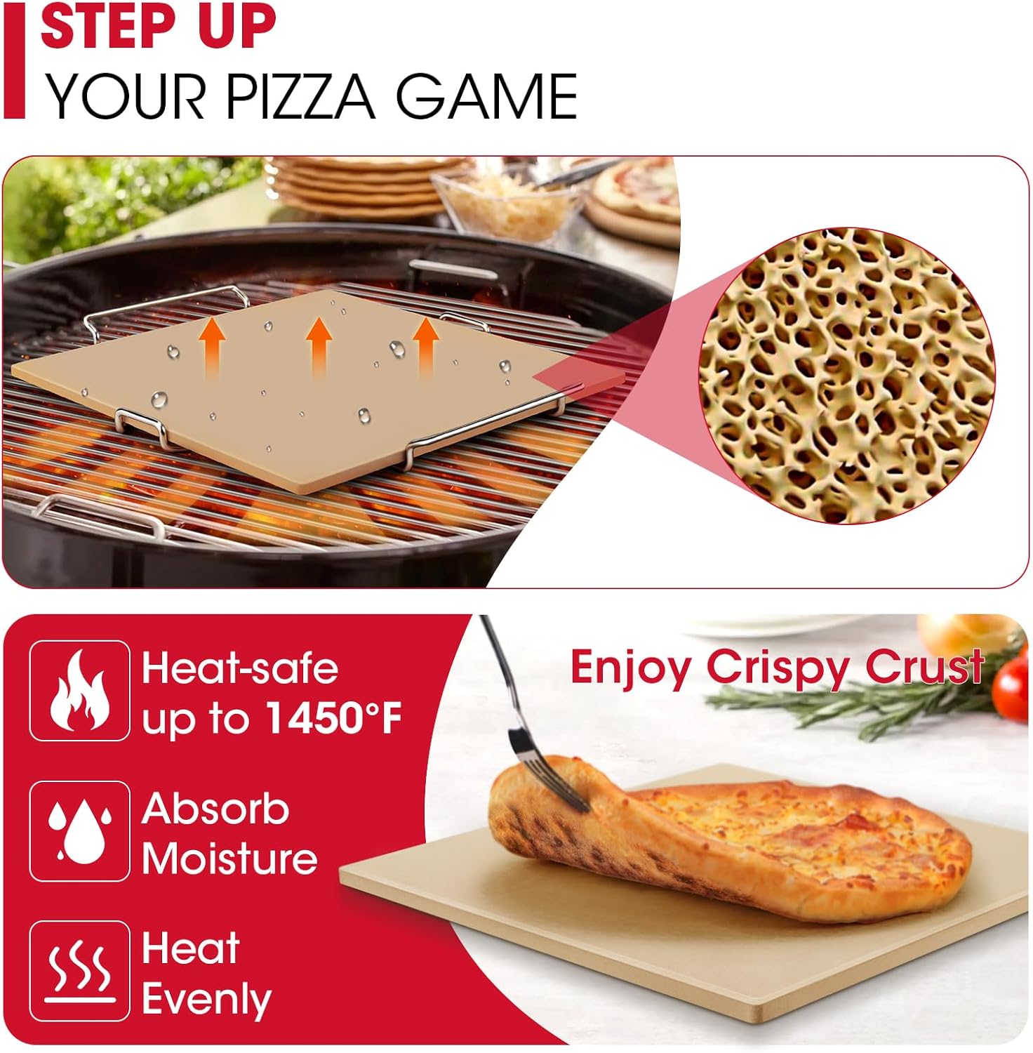 Unicook 12 Inch Square Pizza Stone for Oven and Grill, Oven Baking Stone for Bread, Cordierite Pizza Pan for Baking Crispy Bread, Pie and Cookies, Includes Carry Rack and Dough Scraper