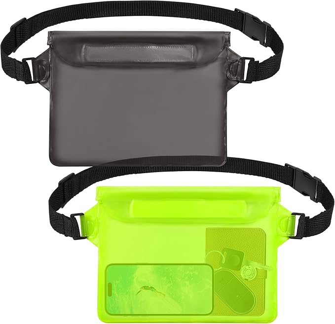 2-Pack Waterproof Pouch with Adjustable Waist Strap, Waterproof Dry Bag, Keeps Cell Phones and Valuables Safe and Dry, Perfect for Kayaking, Beach, Camping and Swimming (Black)