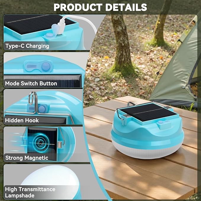 100W Solar Camping Light Rechargeable Lantern with 3 Modes Waterproof Portable Tent Lights for Power Outages Hiking Emergency