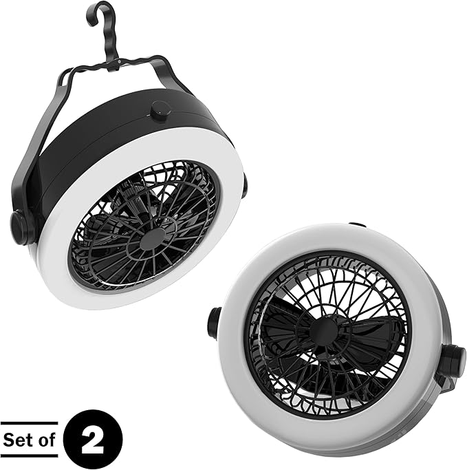 2-in-1 Camping Lantern with Fan Set - Set of 2 Portable Camping Lights with 12 Bright LED Bulbs, USB, and Rechargeable Battery by Wakeman