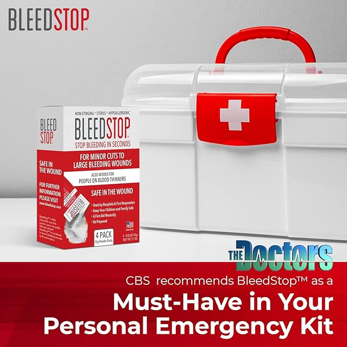 BleedStop First Aid Powder for Blood Clotting, Trauma Kit, Blood Thinner Patients, Camping Safety, and Survival Equipment for Moderate to Severe Bleeding Wounds or Nosebleeds 150 Gram