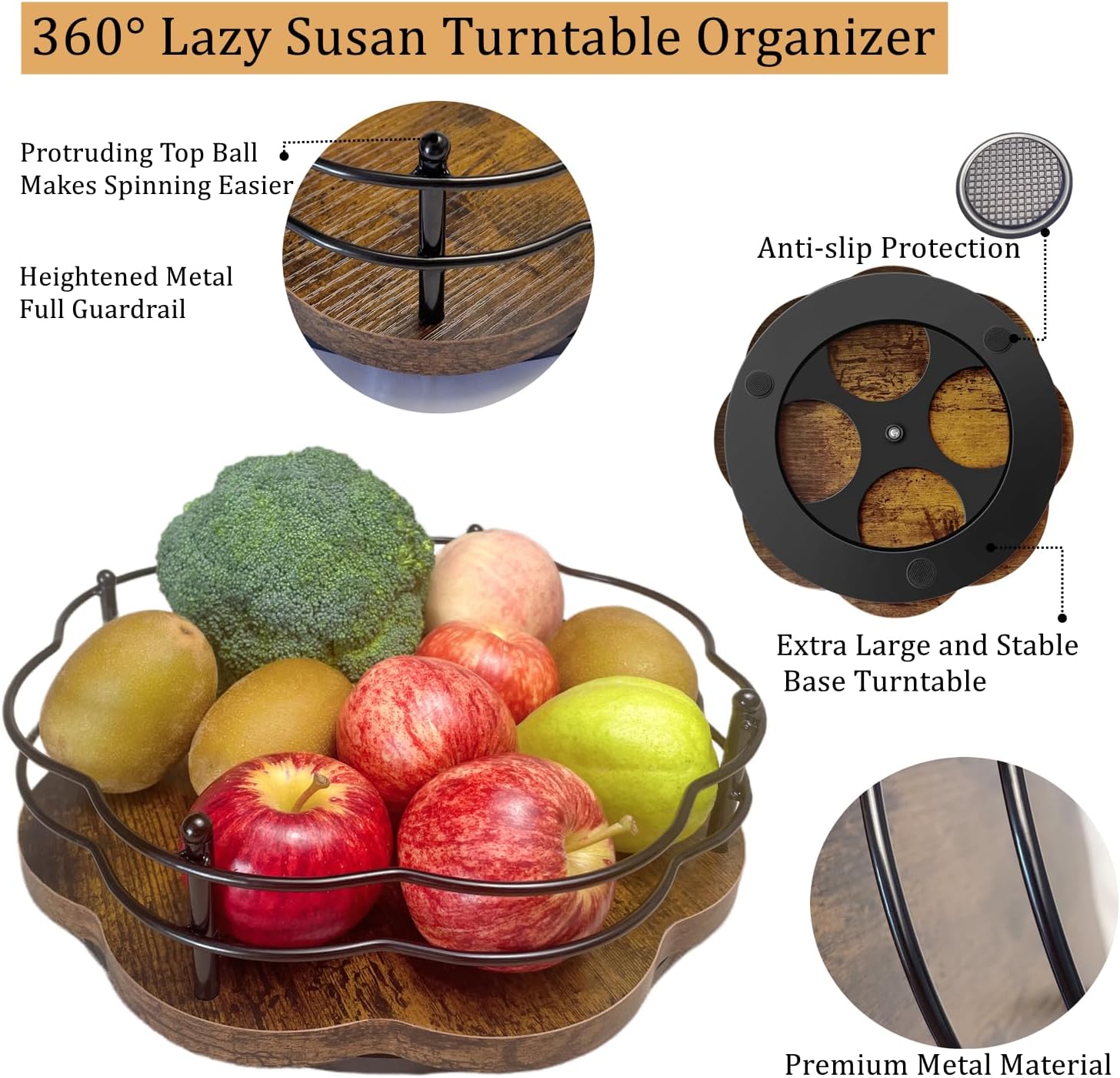13" Lazy Susan Turntable Organizer with Higher Metal Sides, 360° Rotating Wooden Lazy Susan Organization and Storage for Cabinet,Kitchen,Countertop,Table Top,Dining Table,Coffee Bar Decor