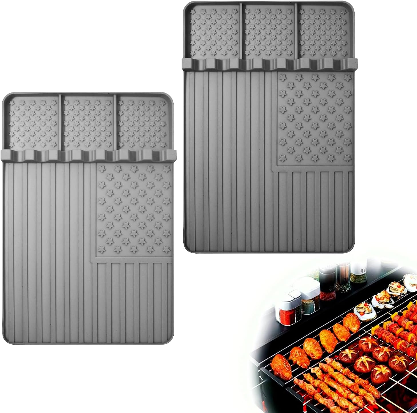 2 PCS Silicone Griddle Tools Mat for Blackstone,Grill BBQ Caddy Utensils Holder for Kitchen,Cooking & Countertop,Large Spatula Mat with Drip Pad,Griddle Accessories for Blackstone (Grey-2)