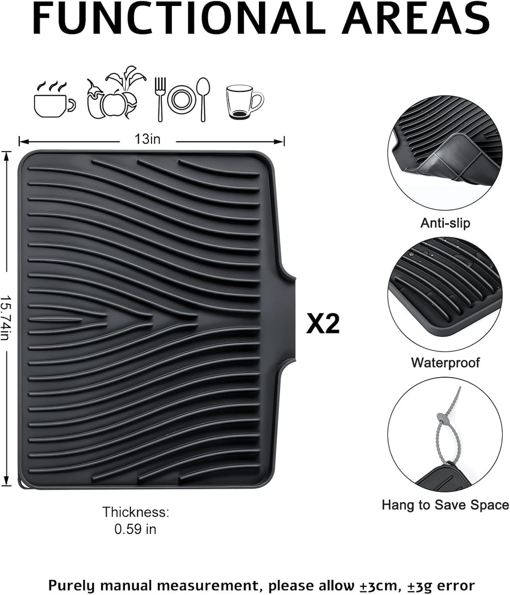 Dish Drying Mat, Stone Drying Mat for Kitchen Counter with Built-in Drain, Non-Slip Drying Matt Kitchen Counter, Heat Resistant Silicone Drying Mat, 2 Pcs(15.8"X 13", Black)