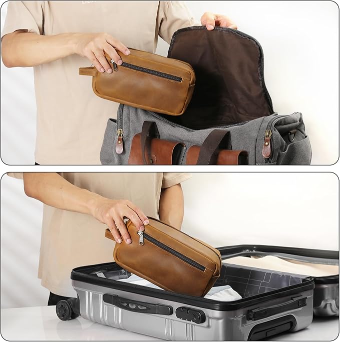 Ringsun Leather Travel Toiletry Bag for Men, Full Grain Leather Dopp Kit Shaving Bag Travel Organizer, Bourbon Brown