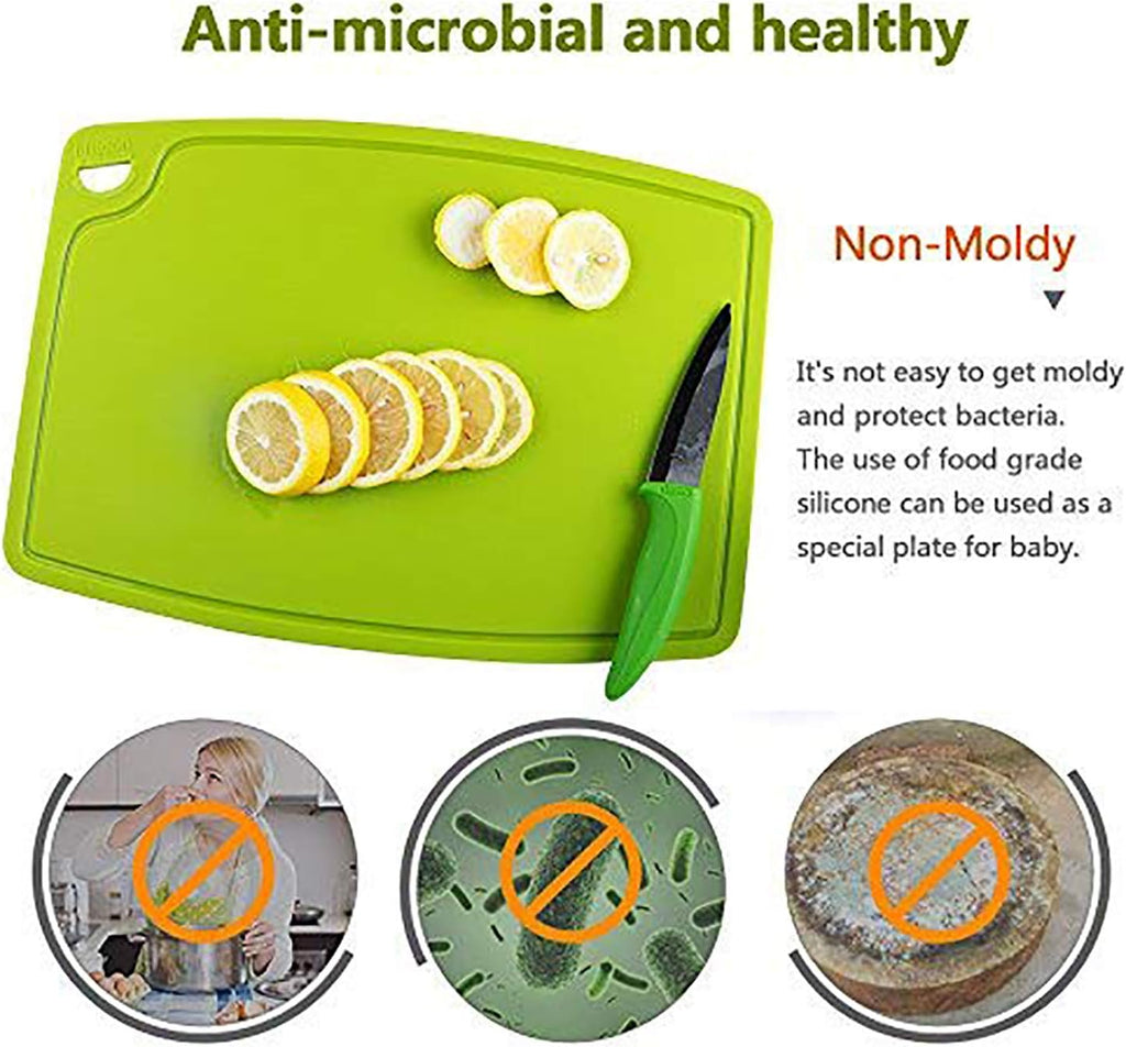 Silicone Thick Cutting Boards Mats Set of 3 Foldable & Flexible Design Juice Grooves Easy Grip Handle Dishwasher Safe for Kitchen,BPA free Silicone Cutting Board-Green