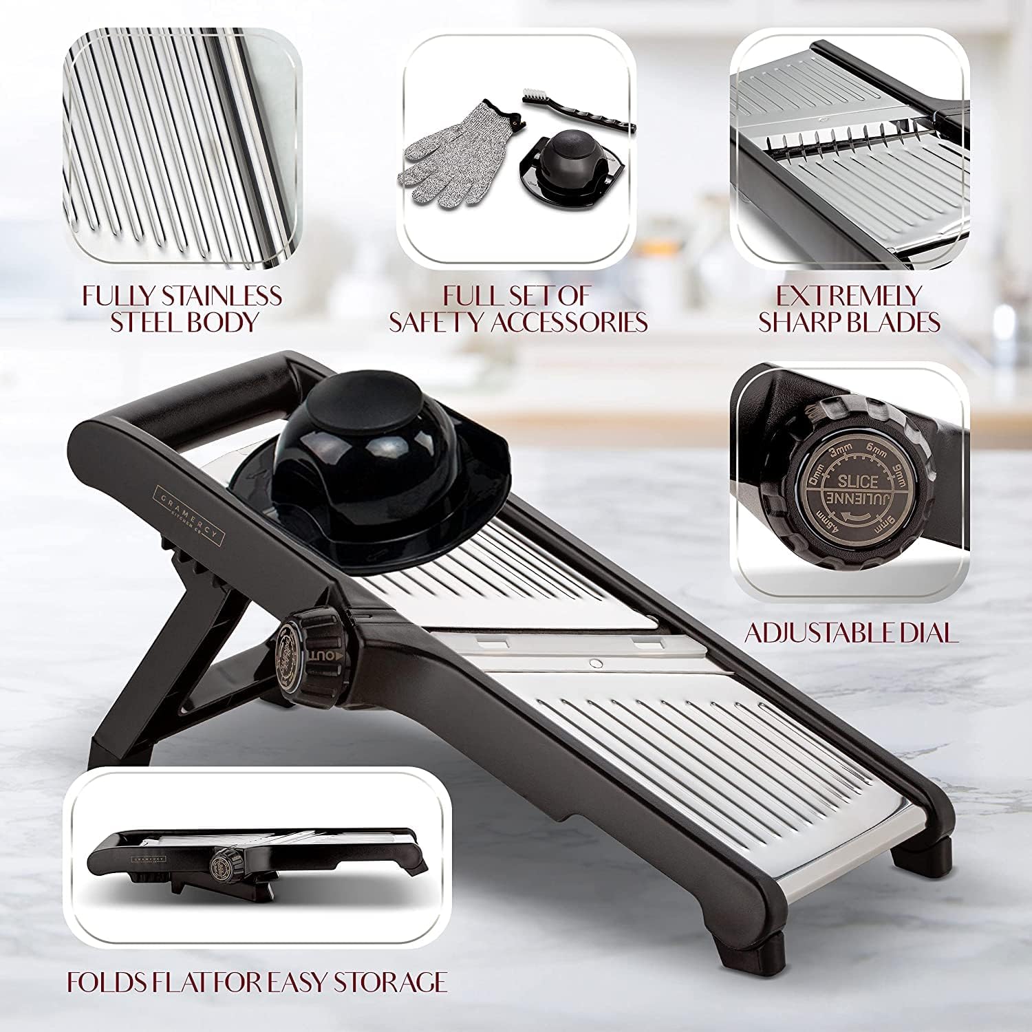Gramercy Mandoline Food Slicer, Vegetable Cutter, Potato Slicer, Mandolin for Kitchen, Veggie Cutter, Cucumber Tool - Comes with One Pair Cut-Resistant Gloves