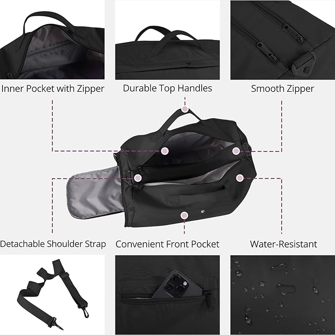 Sports Gym Bag for Women, Travel Workout Duffel Overnight Shoulder Bags with Shoes Compartment and Wet Pocket Lightweight Weekend Waterproof Black