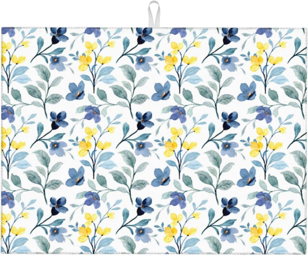 Floral Dish Drying Mat 18x24 for Kitchen Counter, Blue Yellow Flower Decorative Absorbent Coffee Mat Dish Drying Pad Coffee Bar Dish Drainer Rack Mat Drainer Mat